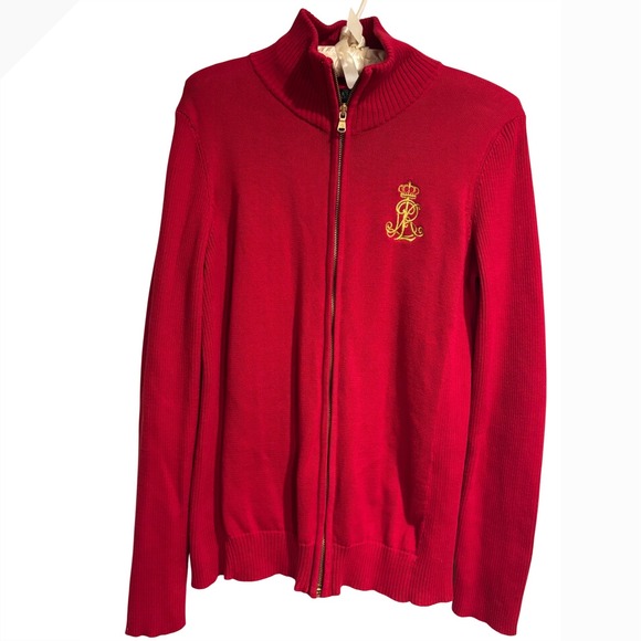 Lauren Ralph Lauren Other - Lauren Ralph Lauren Mens Red Full Zip equestrian Sweater Gold Crest Logo Large